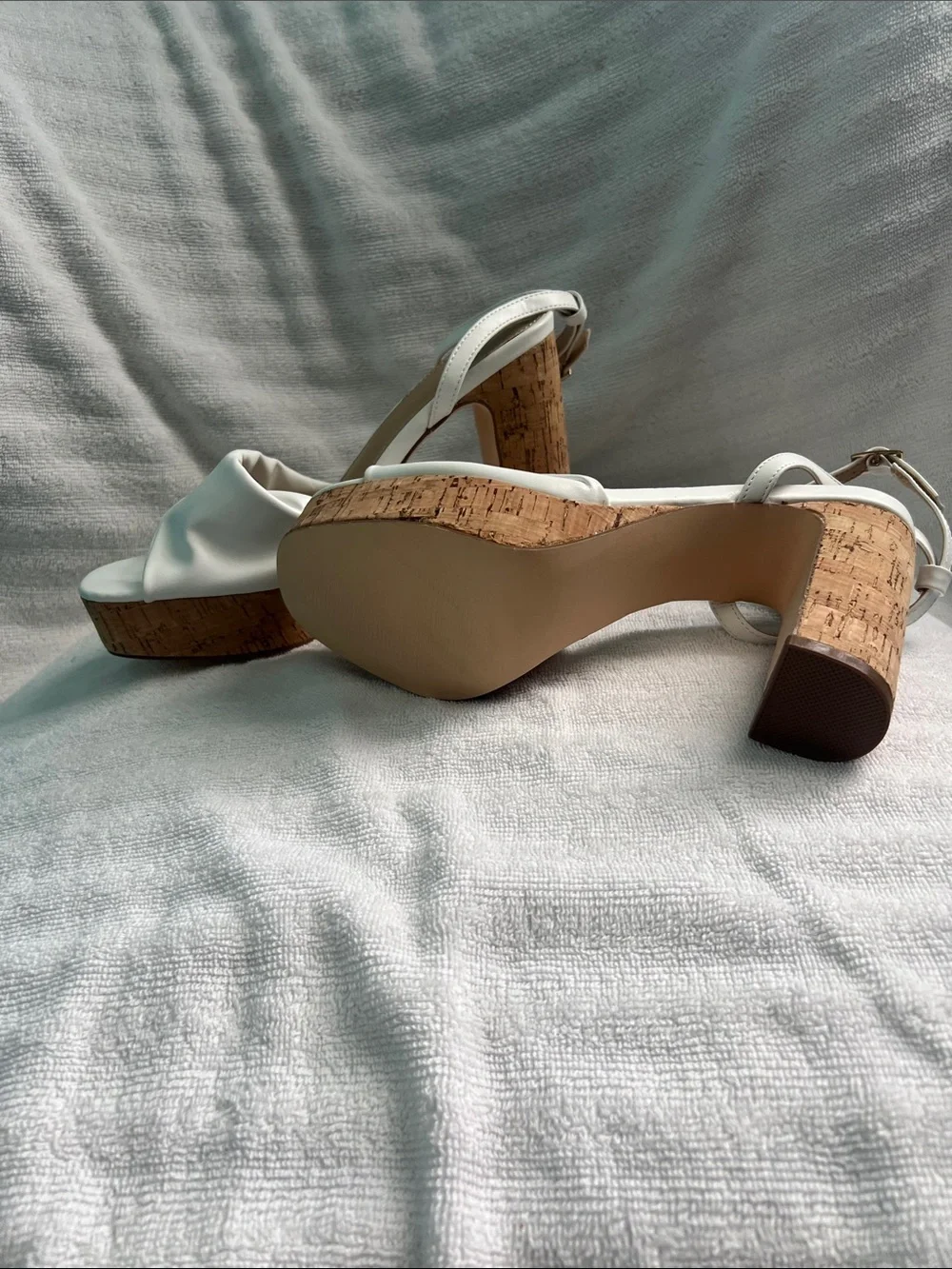 JustFab White Cork Platform Ankle-Strap Heels Size 9.5 White Block Heels